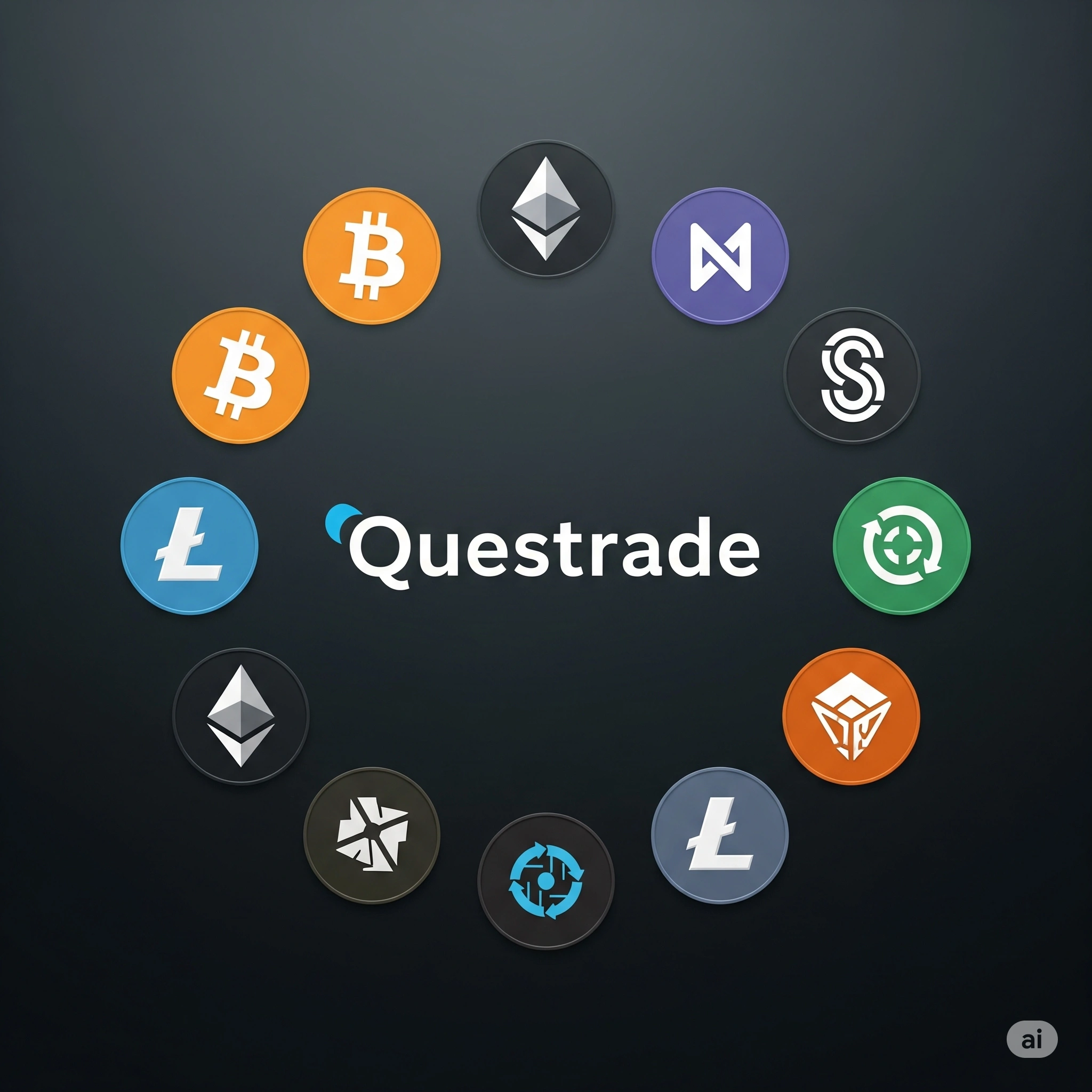 The Questrade logo next to Bitcoin and Ethereum logos
